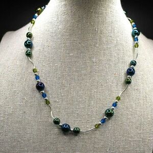 .925 (Untested) Glass and Silver Beaded Choker Necklace Magnetic Clasp‎